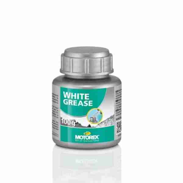 Vasetto di Motorex White Grease 100g, grasso bianco al litio ideale per la lubrificazione di cuscinetti e componenti meccanici.